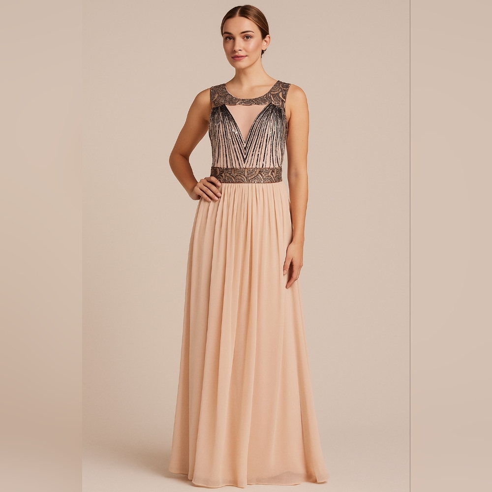 Lace & Beads Nude Beaded Sequin Maxi Dress S